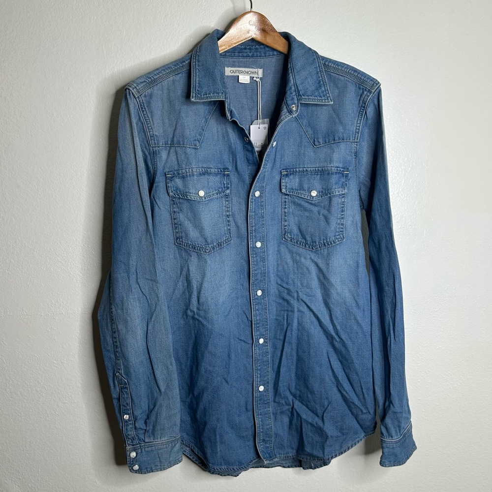 NWT Outerknown 100% Organic Cotton Denim Pearl Snap Button Down Long Shirt - Picture 8 of 16